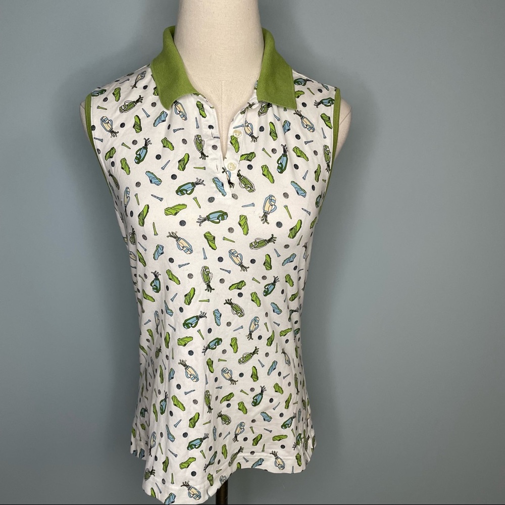 Lady Hagen Golf Print White and Green Sleeveless Polo Shirt